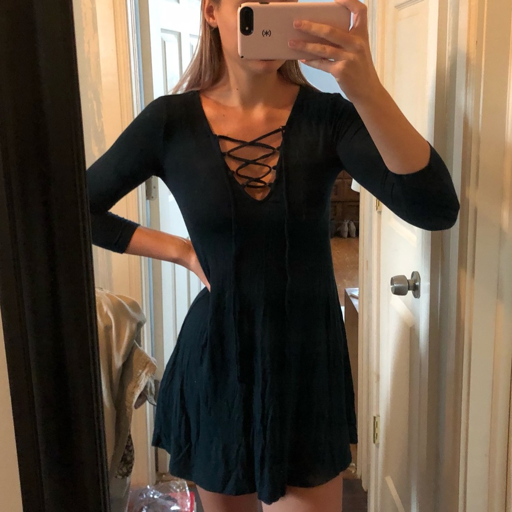 Forest Green Lace Up Mini Dress - Picture 1 of 3